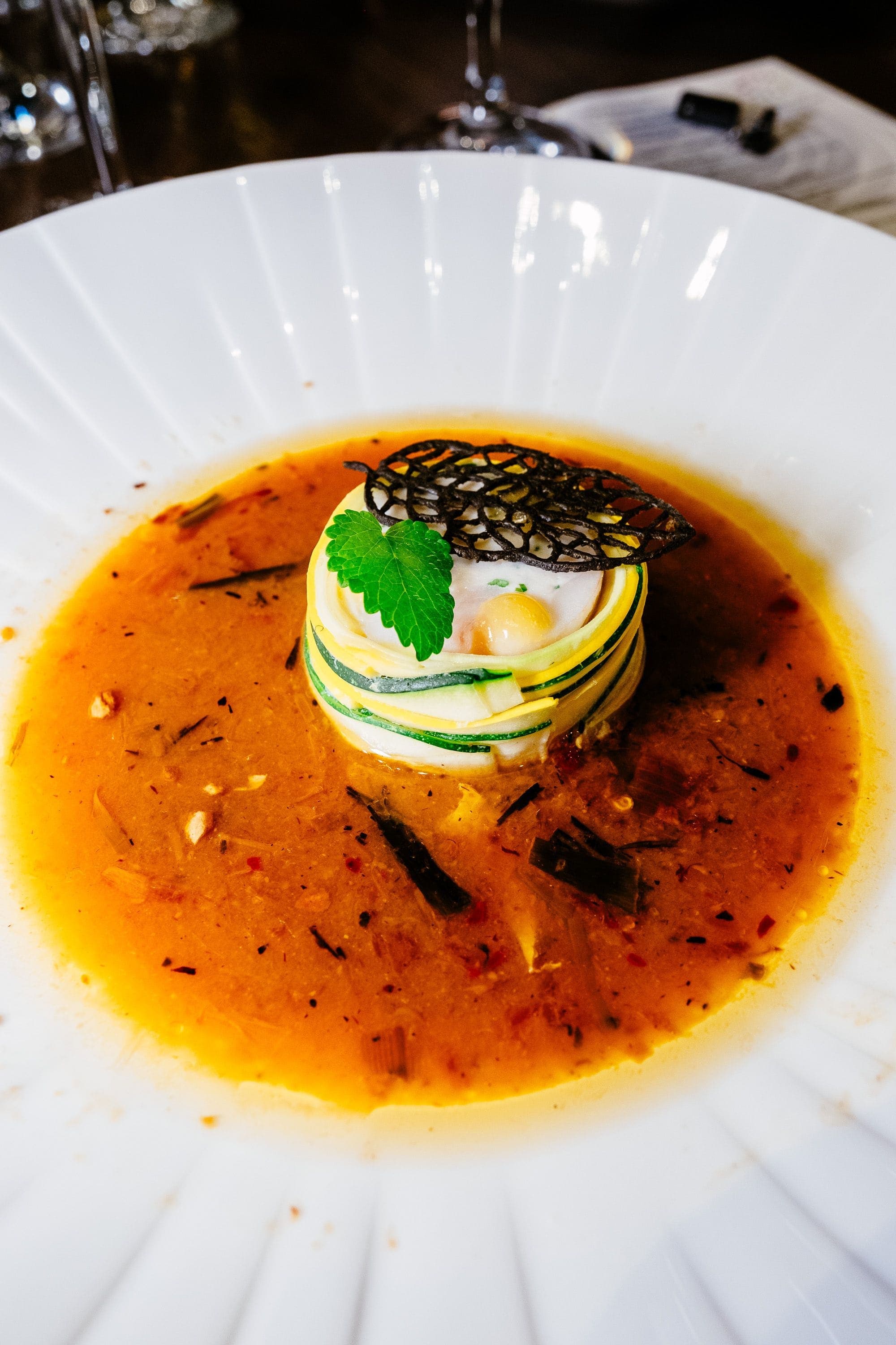 Courgette spiral, roasted pepper sauce, soft-set egg